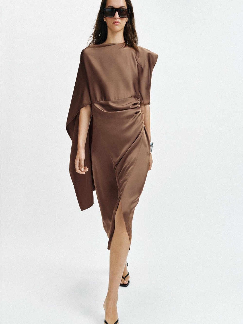 ZARA SATIN MIDI DRESS WITH ASYMMETRIC SLEEVE - Caramel